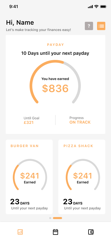 Shillings dashboard broken down by job, showing earnings and days until payday for each.