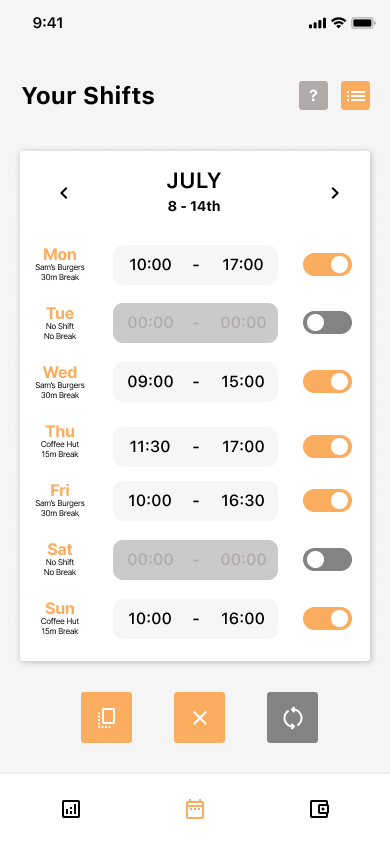Shillings shifts view for the week, showing company, hours and break for each day.